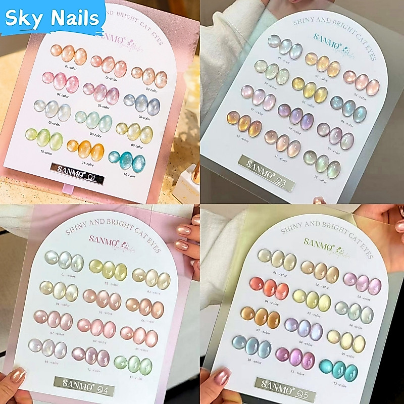 SANMO 12 สี เจลเล็บ Cat Eye โทนสุภาพ หวานละมุน เซ็ตเดียวครบทุกสไตล์ซัมเมอร์เจลตาแมว + สีเจลแคทอายเนื้อซาติน (ทามาให้แล้ว พร้อมใช้งาน)