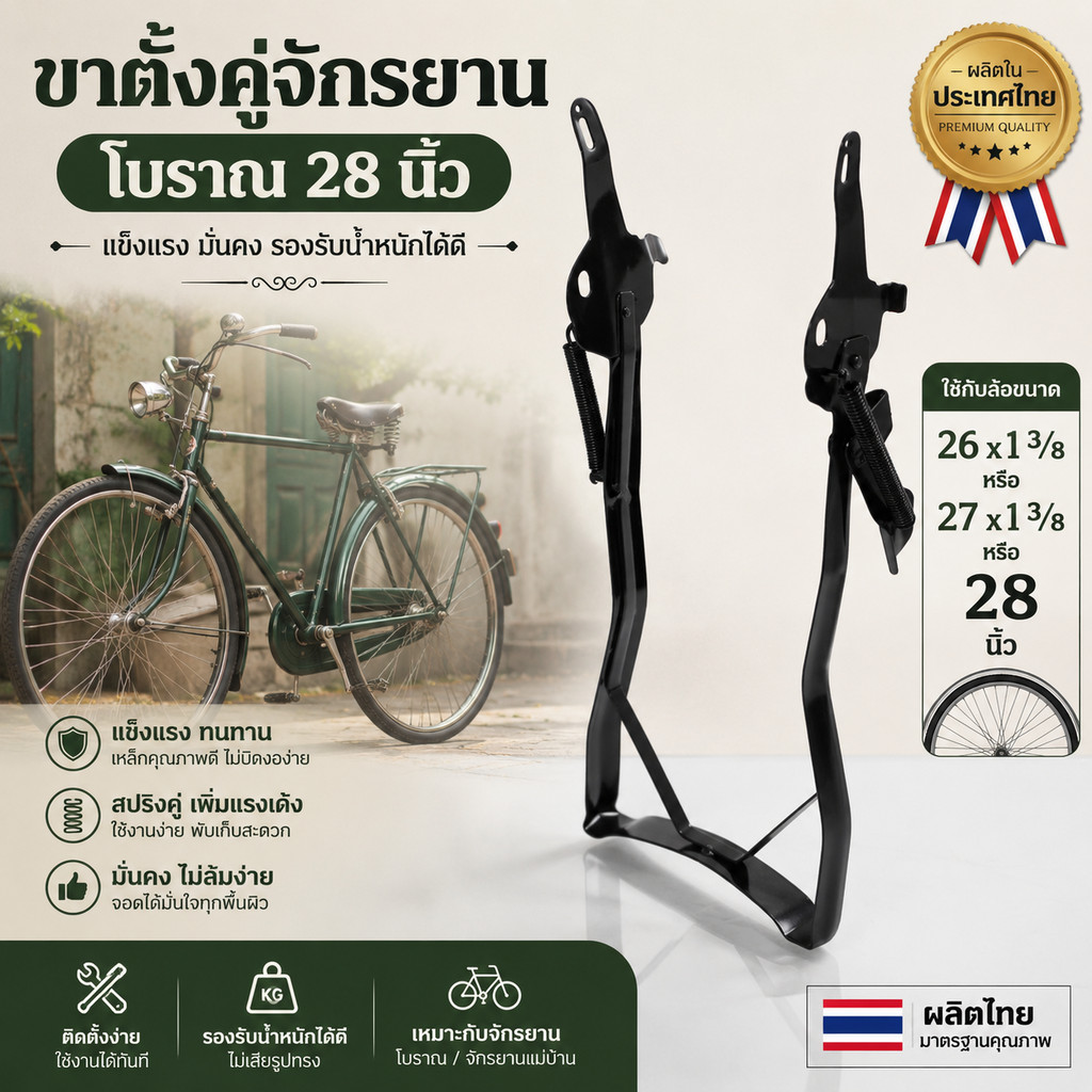 ขาตั้งคู่จักรยานโบราณ 28 นิ้ว ใช้กับล้อขนาด 26x1 3/8 หรือ 27x1 3/8 28 ผลิตไทย