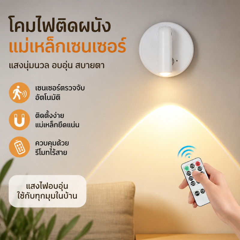 โคมไฟติดผนังแม่เหล็กแบบเซ็นเซอร์ โคมไฟข้างเตียงสำหรับห้องนอน โคมไฟหลายสีเพื่อปกป้องสายตา ติดผนังไม่ต้องเดินสายไฟ
