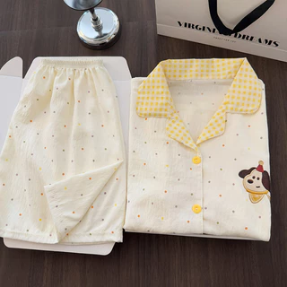 ฤดูร้อนกางเกงขาสั้นแขนสั้น Cloud Cotton Lapel ชุดนอนผู้หญิง Simple Comfort คาร์ดิแกน Hom
