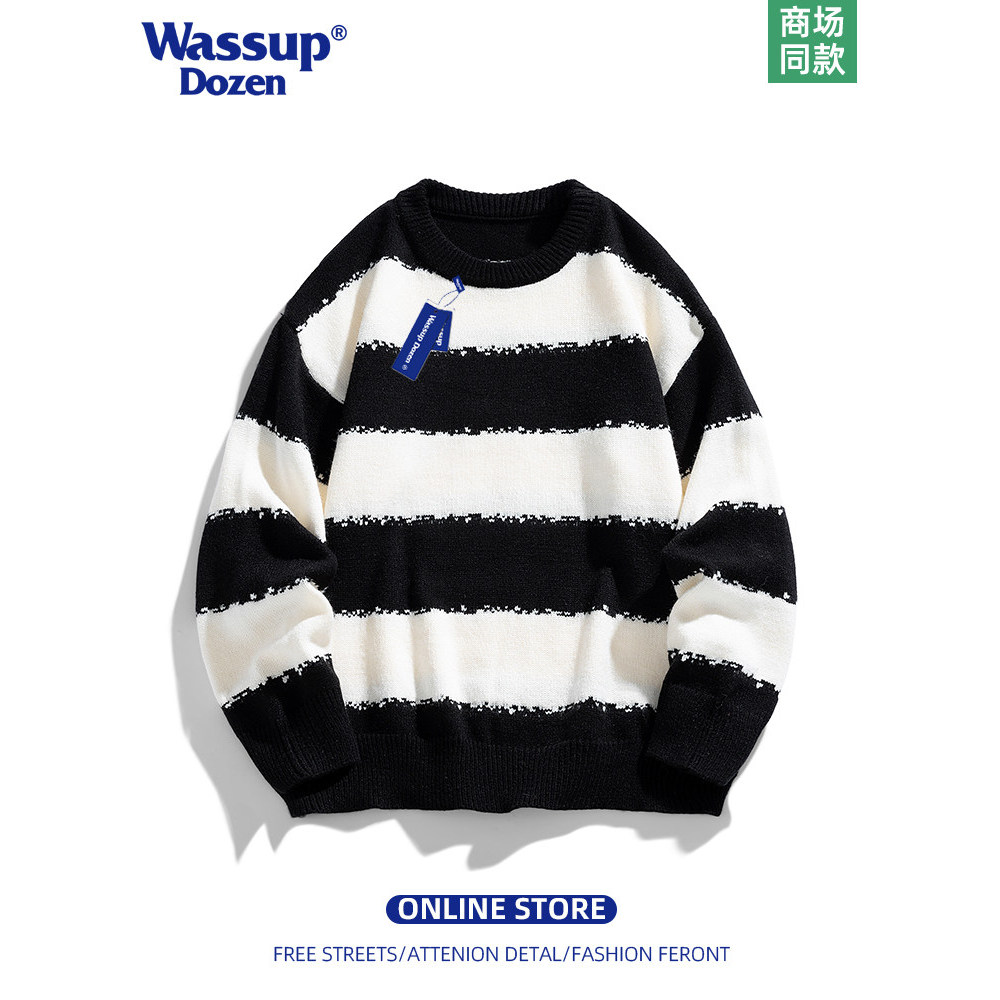 WASSUP DOZEN สีดําสีขาวลายรอบคอเสื้อกันหนาวผู้ชายฤดูหนาวขนแกะซับหนาหลวมเสื้อกันหนาวญี่ปุ่นย้อนยุค