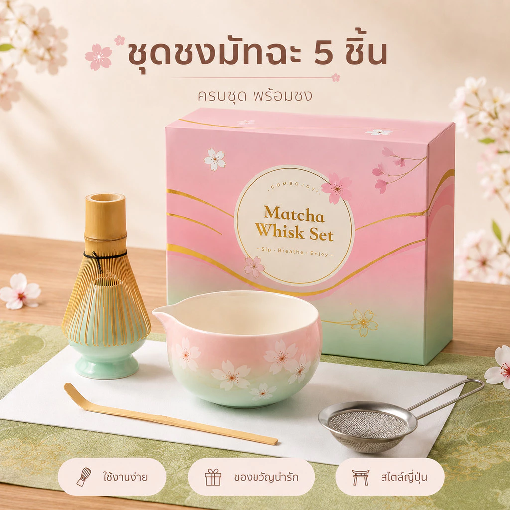 ชุดมัทฉะ 6/7 ชิ้น ชุดชงมัทฉะ ลายดอกซากุระสไตล์ญี่ปุ่น ประกอบด้วย ชามมัทฉะ ที่วางไม้ตีมัทฉะ และช้อนตักชา