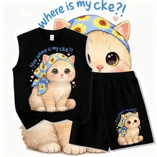 [COD]（ชุดเสื้อกั๊กและกางเกงสั้นเด็ก）เสื้อกล้ามครบรอบCAT style 2 ชิ้น แฟชั่น เซ็ตชุดเด็ก เสื้อ+กางเกง ชุดสองชิ้น+New เสื้