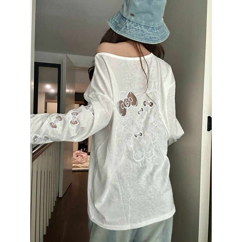 [สินค้าใหม่] HelloKitty เสื้อยืดปักกลวงเวอร์ชั่นเกาหลีเสื้อแขนยาวผู้หญิงฤดูร้อนสีขาวหลวมTulleโปร่งใสเล็กน้อยSun