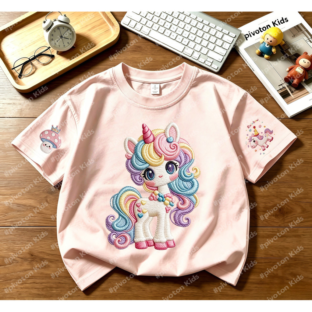 เสื้อยืดเด็กหญิง ลายยูนิคอร์นสีรุ้งน่ารัก พิมพ์เลียนลายปัก 3 จุด หน้าอก+แขนทั้งสองข้าง ทรงหลวม ผ้านุ่มระบายอากาศ