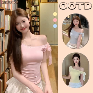 SuSu เสื้อเปิดไหล่เกาหลีสายลูกไม้ สีพาสเทลน่ารัก เนื้อนิ่มยืดหยุ่น ใส่เที่ยวทะเล-FY2918