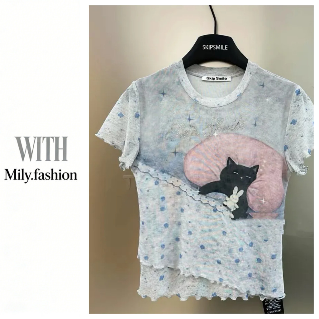 Milyfashion เสื้อยืดผ้าโปร่งพิมพ์ลายแมวน่ารักหวานแบบใหม่ฤดูร้อนเสื้อตัวสั้นบาง 4LID