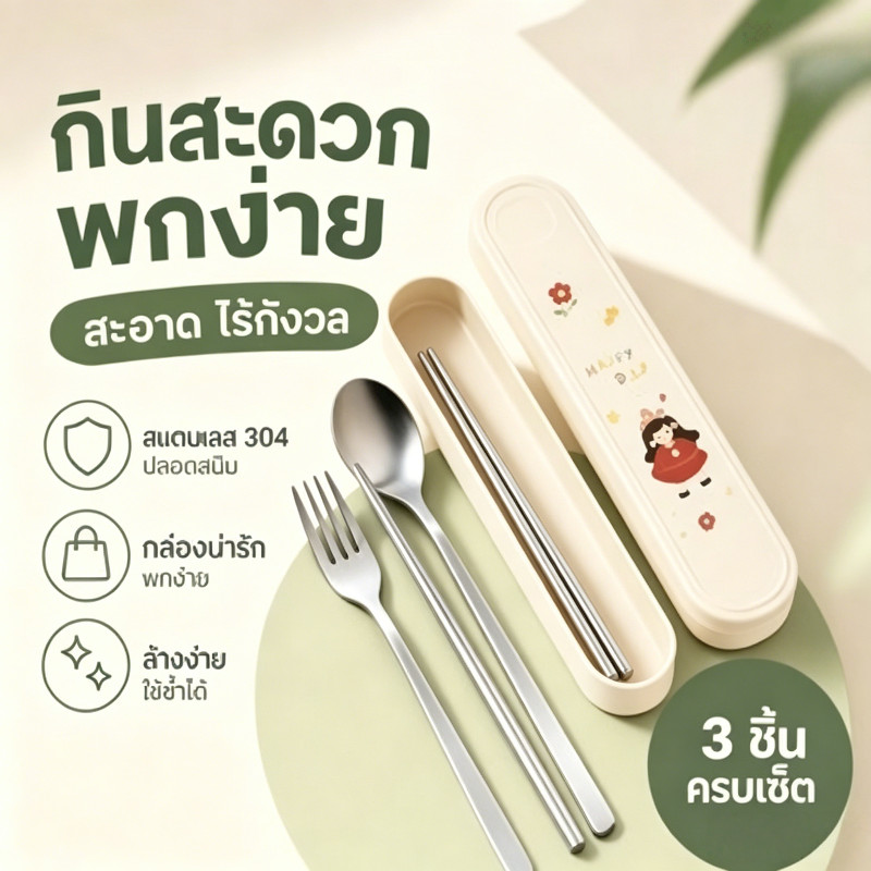 ช้อนส้อมพกพา สแตนเลส 304 ช้อนส้อมเซ็ต 3 ชิ้น