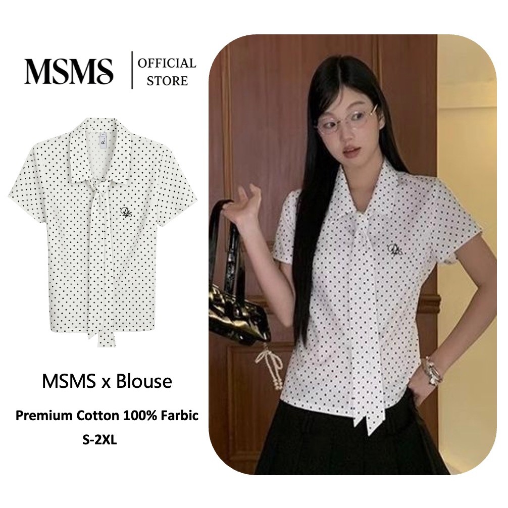 MSMS Sweet Polka Dot เสื้อเชิ้ตแขนสั้นผูกโบว์และดีเทลเย็บปักถักร้อย