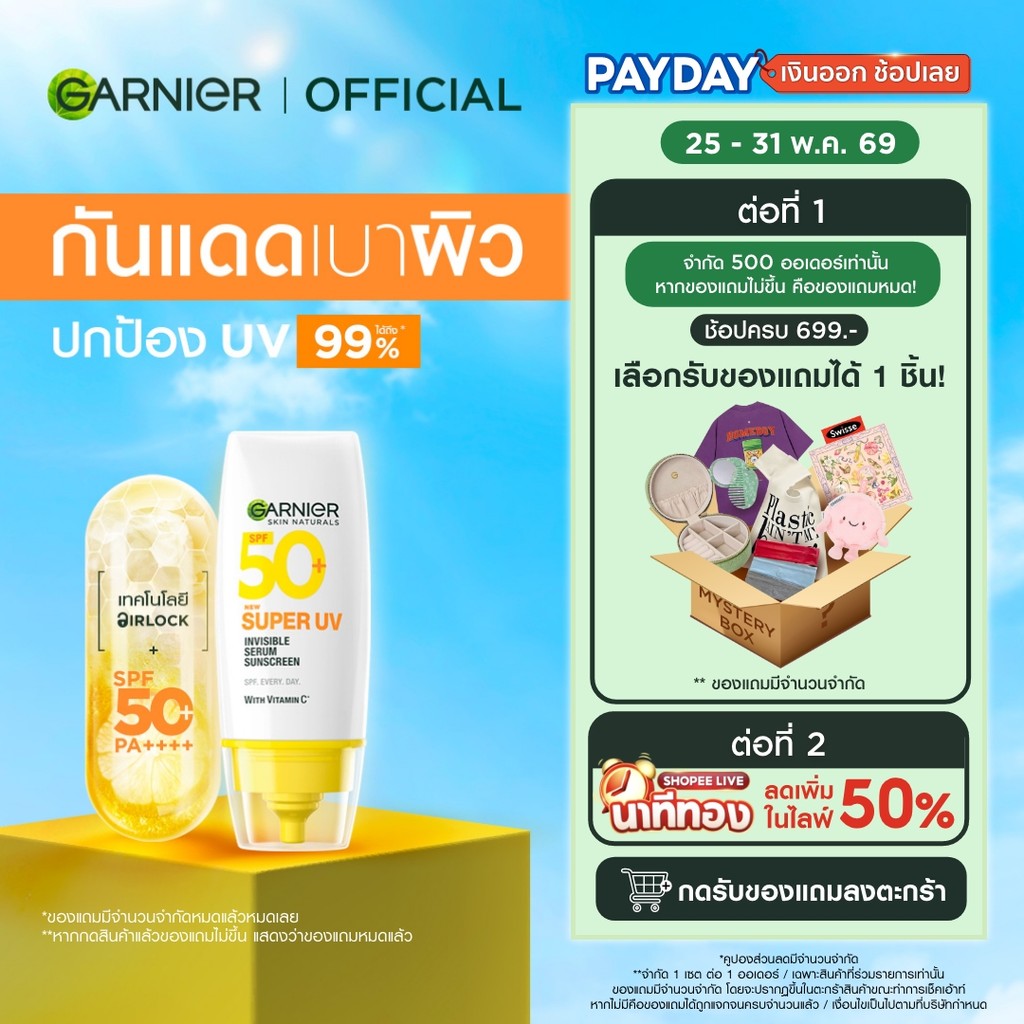 การ์นิเย่ สกิน แนทเชอรัลส์ ซูเปอร์ ยูวี-อินวิซิเบิ้ล เซรั่ม ซันสกรีน Garnier Super UV Serum Sunscreen กันแดดเบาผิว ครีมก