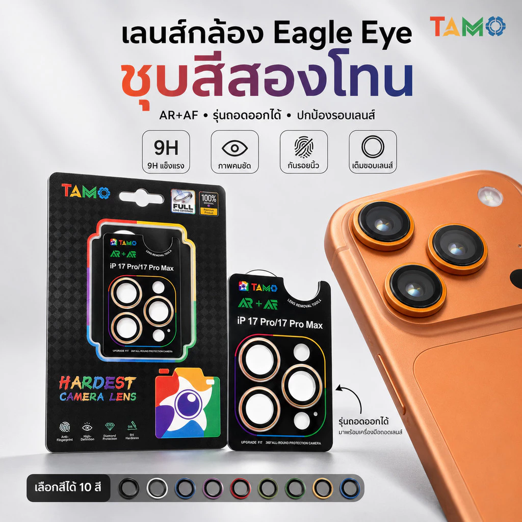 (5อันราคาส่ง) ฟิล์มเลนส์กล้อง Eagle Eye สีตรงเครื่อง 1:1 กระจกนิรภัย 9H ขอบไทเทเนียม สำหรับiPhone17PROMAX 16 15 14PRO