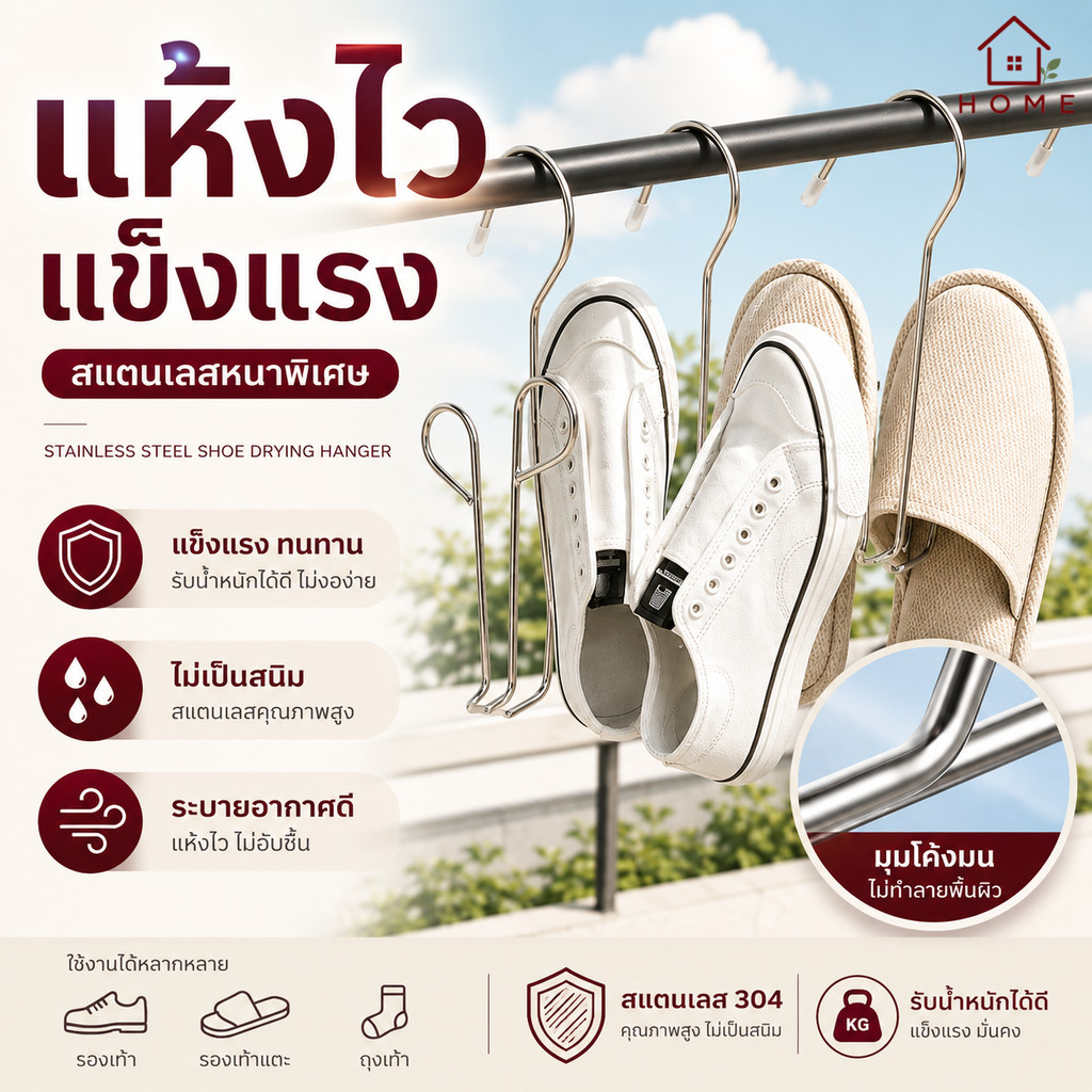 Home007 ที่แขวนรองเท้าสแตนเลส แบบหนาพิเศษ แขวนตากรองเท้า แห้งไว ใช้งานกลางแจ้ง ไม่ต้องใช้แม่เหล็ก Shoe Drying Hanger