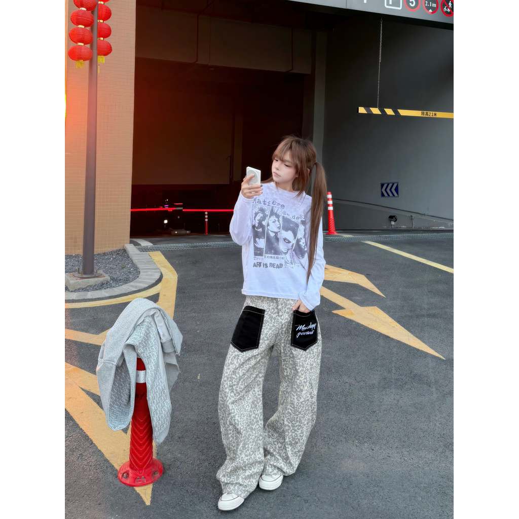 American Retro Distressed Washed Leopard Print Stitching Jeans Unisex Lazy Loose Floor Pants