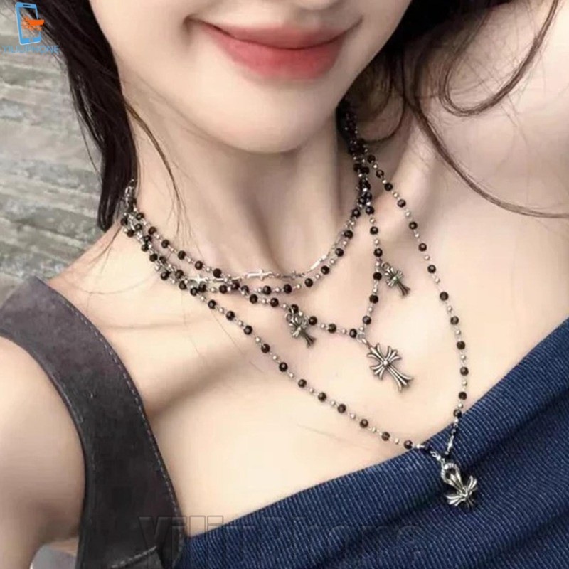 [Bless] 4-1 PC Y2k สร้อยคอจี้ลูกปัด - Gothic Multi Layer Chain - เครื่องประดับคอโบฮีเมียน - โซ่กระดู