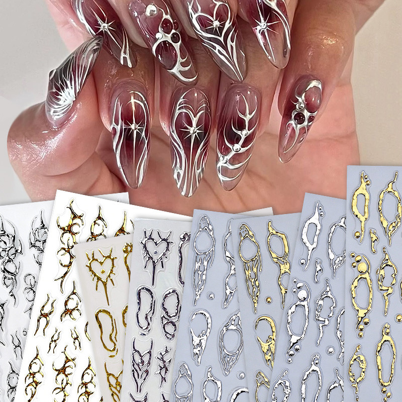 Vintage Thorns สติ๊กเกอร์ติดเล็บ 5D Retro เส้นโลหะเล็บ Decals Self-Adhesive Gold Silver Moon Star Nail Art สติกเกอร์แต่งเล็บ DIY ตกแต่ง