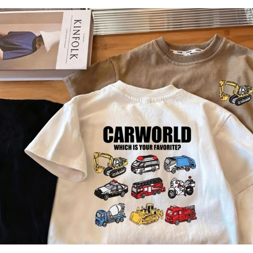 【จัดส่งภายใน 24 ชั่วโมง】ผ้าฝ้ายแท้ 100% / เสื้อยืดเด็ก / เสื้อยืดคอกลมแขนสั้นเด็กผู้ชายลายรถของเล่น ขนาด 90-150