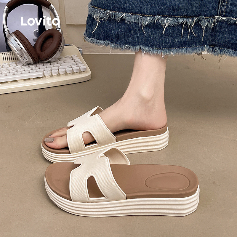 Lovito Casual รองเท้าแตะแบนเนียนเนื้อสัมผัสหรูหราสำหรับผู้หญิง LFA97039