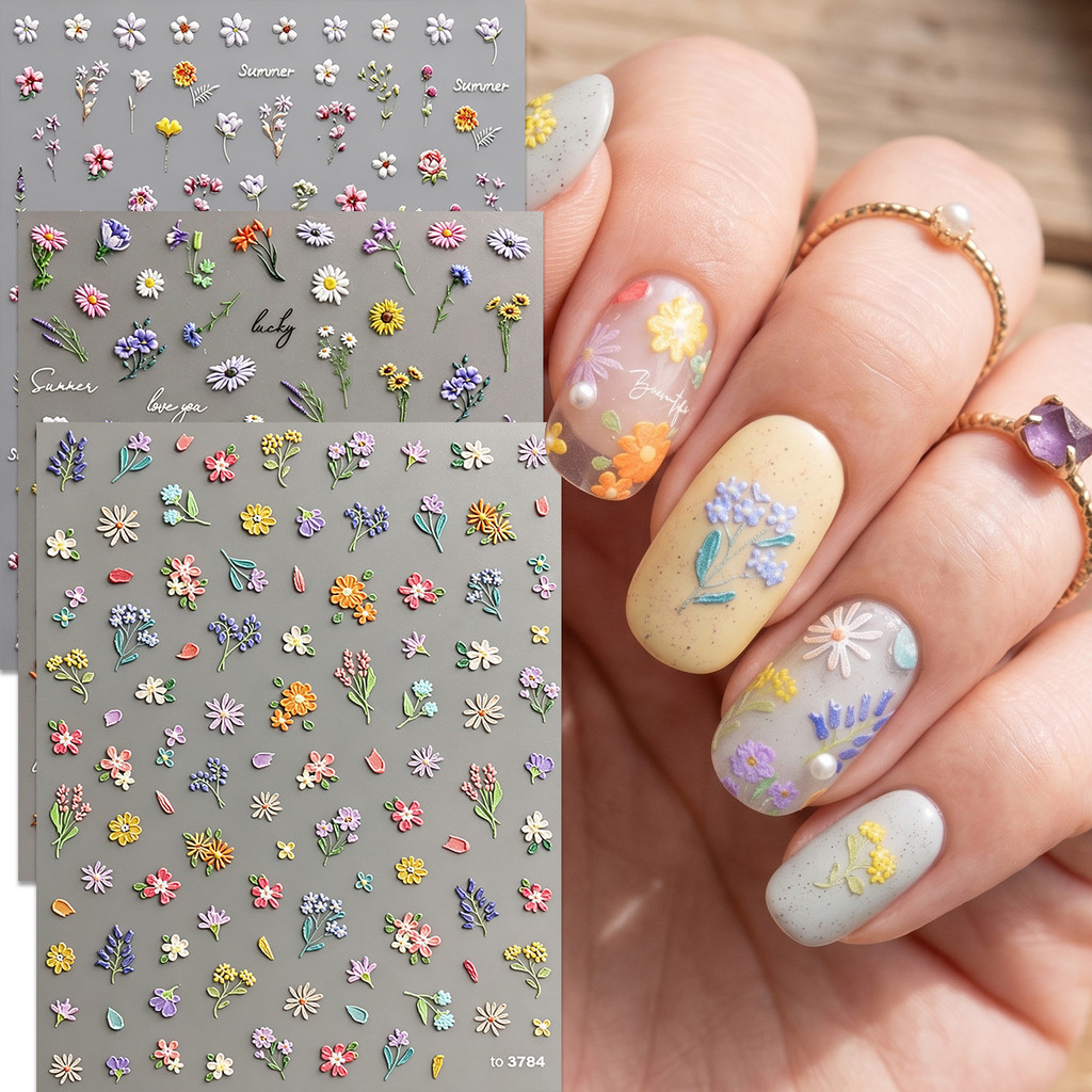 HAMA สไตล์เกาหลี 5D ดอกไม้เล็บสติกเกอร์น่ารักฤดูร้อนดอกไม้ Daisy Textured เล็บ Decals นูนเล็บ DIY Charms