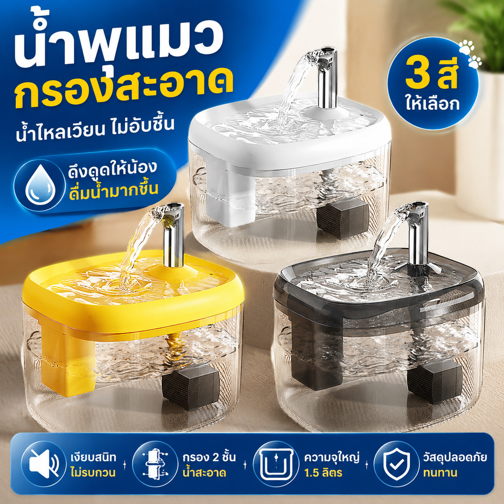 น้ำพุแมว กรองน้ำแมว น้ำพุสัตว์เลี้ยง ไส้กรองคาร์บอน น้ําพุไร้สาย น้ําพุแมวอัตโนมัติ ถังให้น้ำสัตว์เลี้ยง การกรองที่ลึก