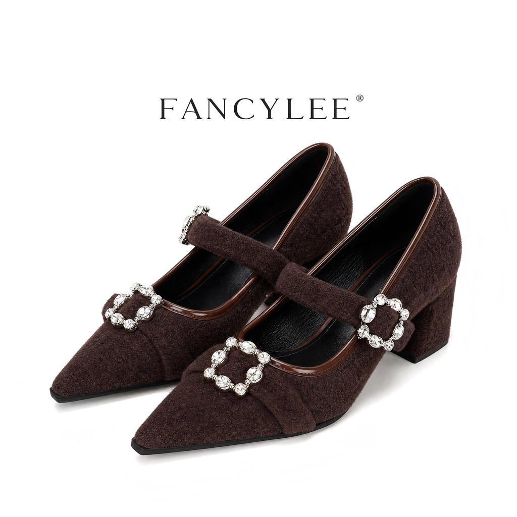 Fancylee กำมะหยี่แมรี่เจน ตกแต่งคริสตัล ส้นย้อนยุค เหมาะสำนักงานและ.party wear