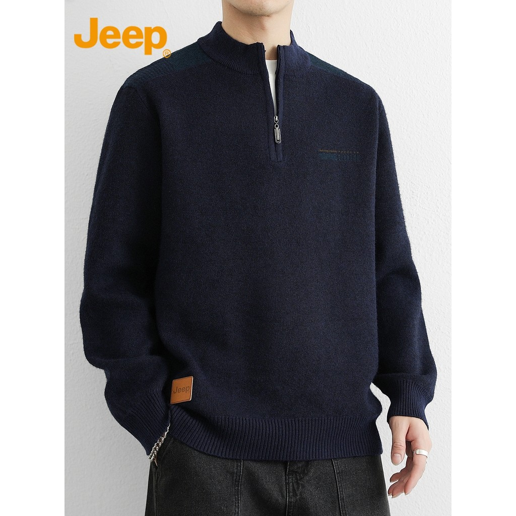 Jeep Jeep Stand-Up Collar เสื้อกันหนาวผู้ชายฤดูใบไม้ร่วงฤดูหนาวหนาหลวมเสื้อกันหนาวครึ่งซิป