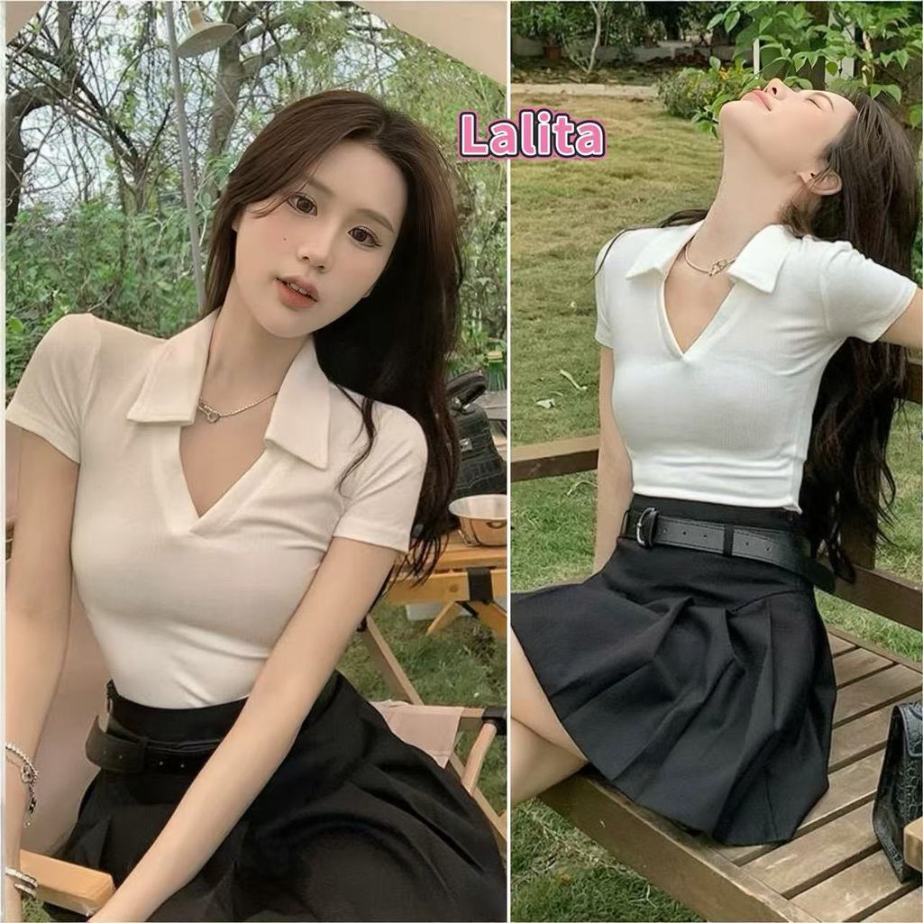 ส่งไวจากไทย เสื้อโปโลฤดูร้อนสำหรับผู้หญิง แขนสั้น   เสื้อผ้าแฟชั่นเกาหลี  ใส่เที่ยว ใส่ทํางานLalita