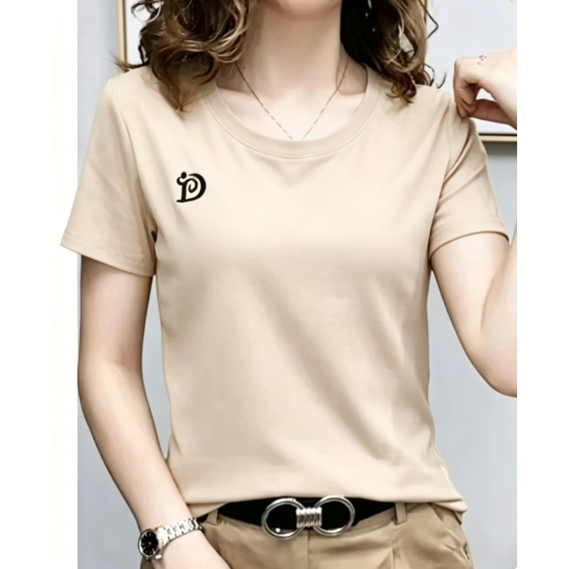 สปอตเลดี้คอกลมแขนสั้นผ้าฝ้ายลำลองแฟชั่นสลิมฟิตแสดงเสื้อยืดผอม
