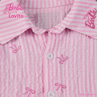 (New Arrival) Barbie™ X Lovito Kids ชุดเดรสสีชมพูเด็กผู้หญิง ฤดูใบไม้ผลิ/ร้อน ทรงปลายขาเข่า ปักลายและกระดุม เกาหลี อินเทรนด์ LBL5AD030