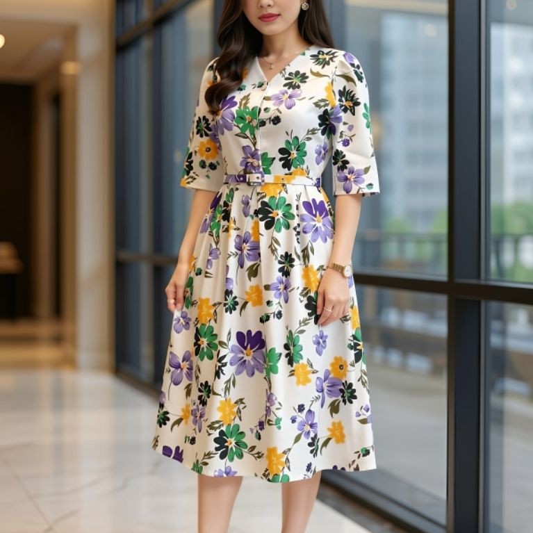 KATUN KD15433 ชุดเดรสผ้าฝ้ายลายดอกไม้จริง