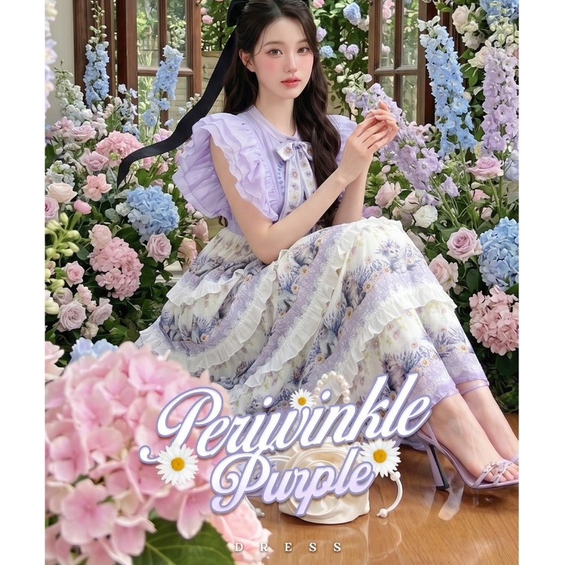 (มี3XL) สีม่วง Periwinkle Purple Dress เดรสยาวผ้าชีฟองกลิตเตอร์พิมพ์ลาย แขนระบายออแกนดี้เนื้อนิ่ม แต่งโบว์หน้า ผ่าหน้า