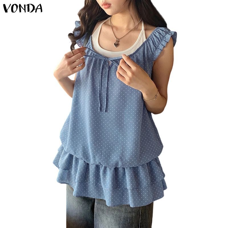 VONDA ผู้หญิงเกาหลีภาษาฝรั่งเศสคํา Girly หวานลูกเรือคอ Flying Sleeve Tie Bows Polka Dot Ruffles Hem เสื้อ