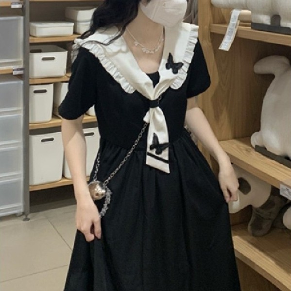【ks1096.th】 日系学院风娃娃领连衣裙女学生韩版宽松中长款蝴蝶结短袖A字裙 【0602niyQc6X0y】