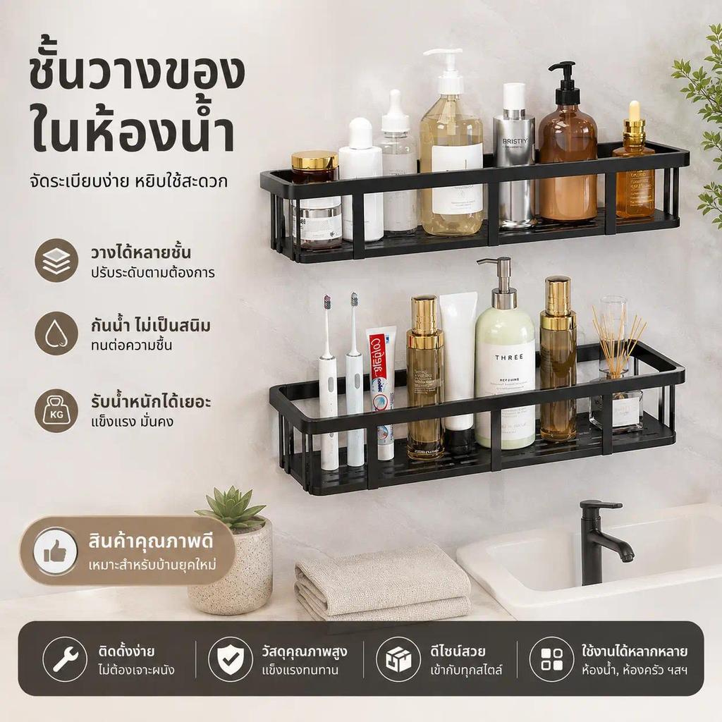 ชั้นวางห้องน้ำติดผนัง ไม่ต้องเจาะ กันน้ำ 100% พลาสติก ABS หนา วางแชมพู สกินแคร์ รับน้ำหนักดี