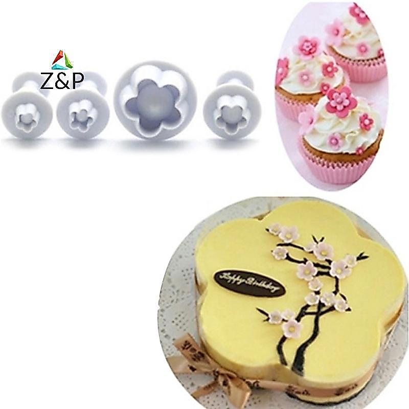 Z&P 4 ชิ้นดอกไม้พลัม Fondant เครื่องตัดเค้ก Plunger คุกกี้แม่พิมพ์ตกแต่ง Candy Mould COD