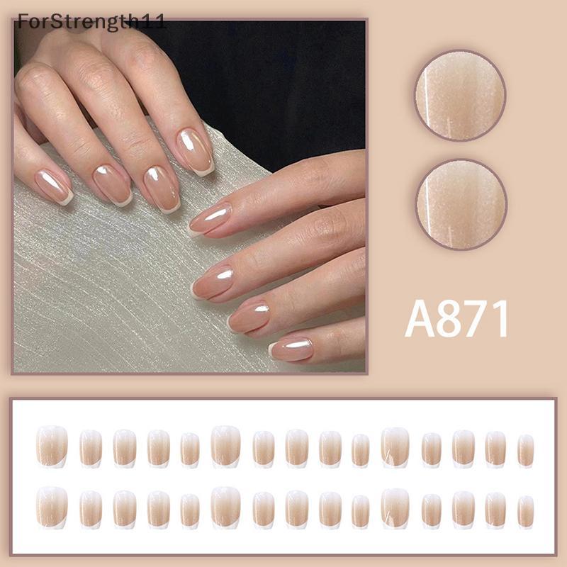 FO 30 ชิ้นภาษาฝรั่งเศสคํา Pearlescent Glitter สั้นสแควร์เล็บปลอม Jelly กาวที่ถอดออกได้เต็มรูปแบบประดิษฐ์กดบนเล็บ TH