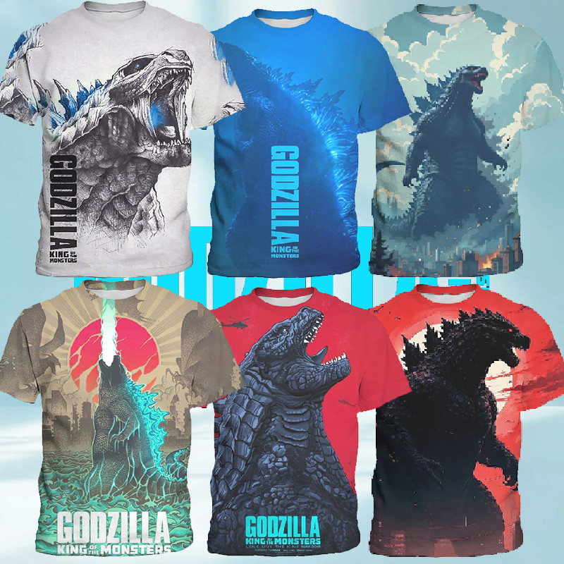 Godzilla 3-13 ปีเด็กแขนสั้นเสื้อยืดผ้าไหมน้ําแข็งผ้าระบายอากาศ 3D สามมิติการพิมพ์เด็กทุกวัน Casual King of Monsters Childlike Tops สบายผิว