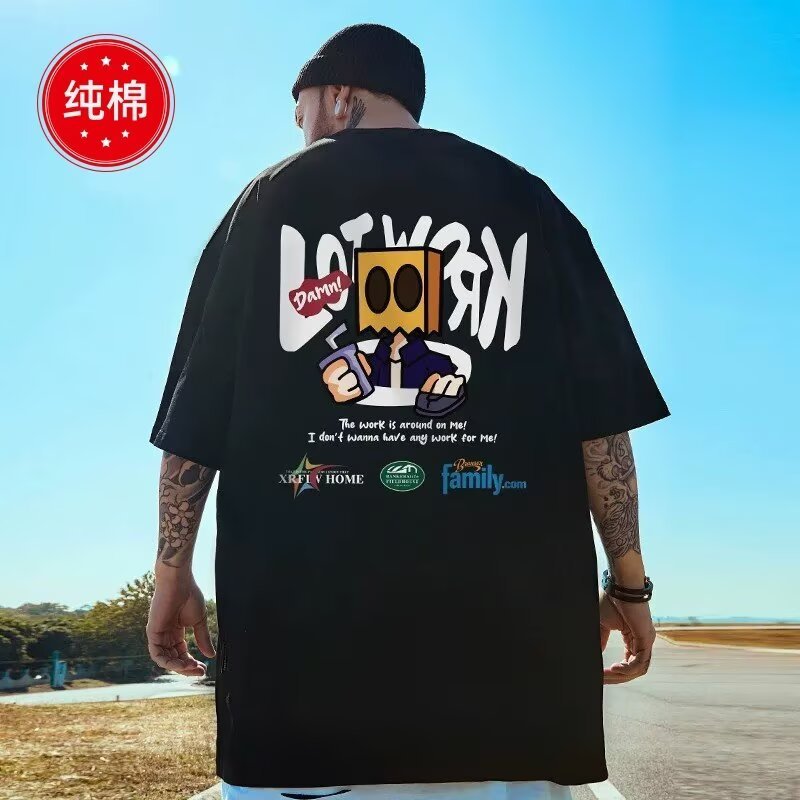 Wassup Wolf การ์ตูนอเมริกันพิมพ์เสื้อยืดแขนสั้นหนักผู้ชาย Street Wear Retro ฤดูร้อนคู่ลําลองด้านบน