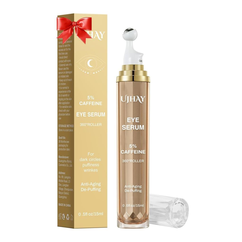 UJHAY 5% Caffeine Eye Cream, Under Eye Serum สําหรับ Dark Circles, Puffiness & Wrinkles, Eye Roller 
