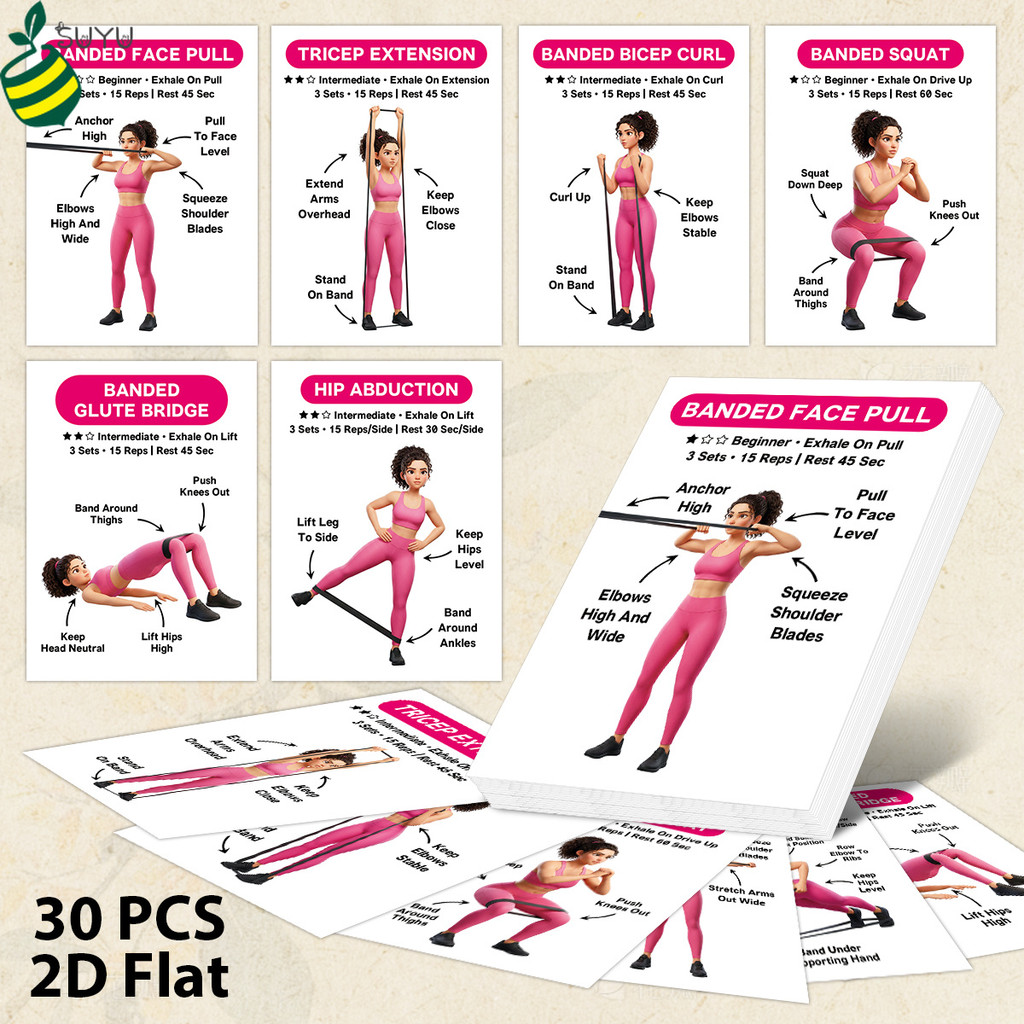 30 ชิ้น Banded การออกกําลังกายการ์ดความต้านทาน Band คู่มือออกกําลังกาย Flashcards สําหรับผู้หญิง Full Body Home Gym ฟิตเนสการฝึกอบรม Routine Program คู่มือการ์ด