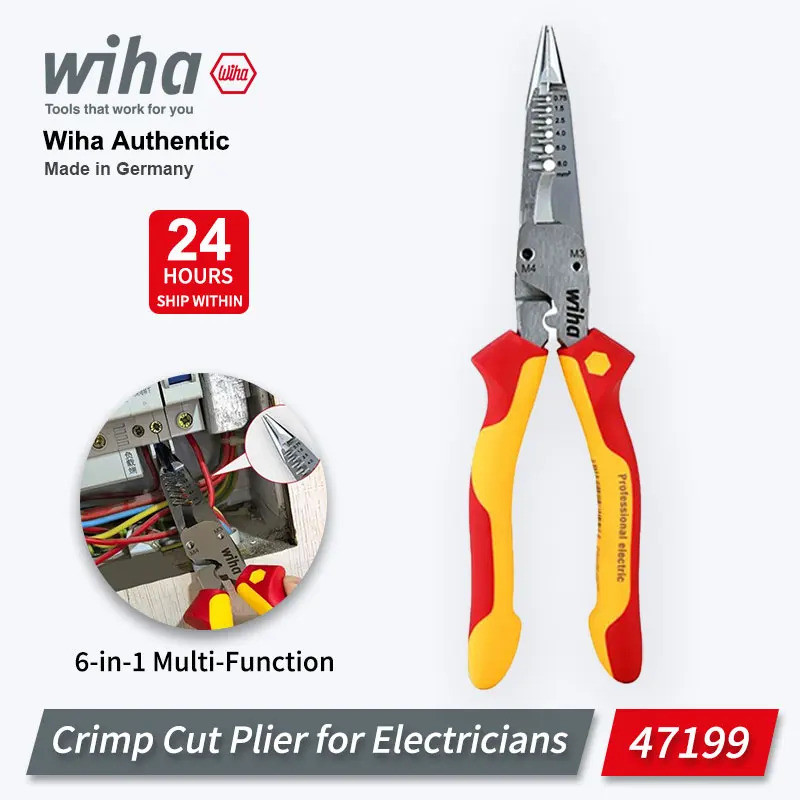 Wiha 47199 มัลติฟังก์ชั่น 6 in 1 ช่างไฟฟ้าอุตสาหกรรมลวด Stripper ฉนวนกันความร้อนจุด Crimping คีมตัด 1,000V VDE