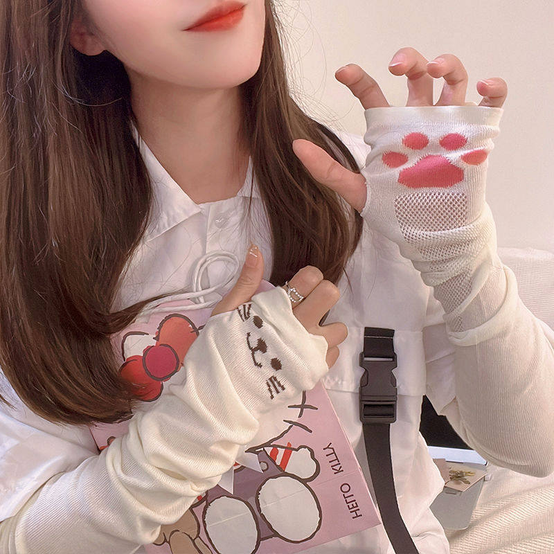 ญี่ปุ่น JK แมวน่ารักตาข่าย Fingerless Sun Protection Slouch แขนแขนผู้หญิง Ins Breathable ถุงมือยาว