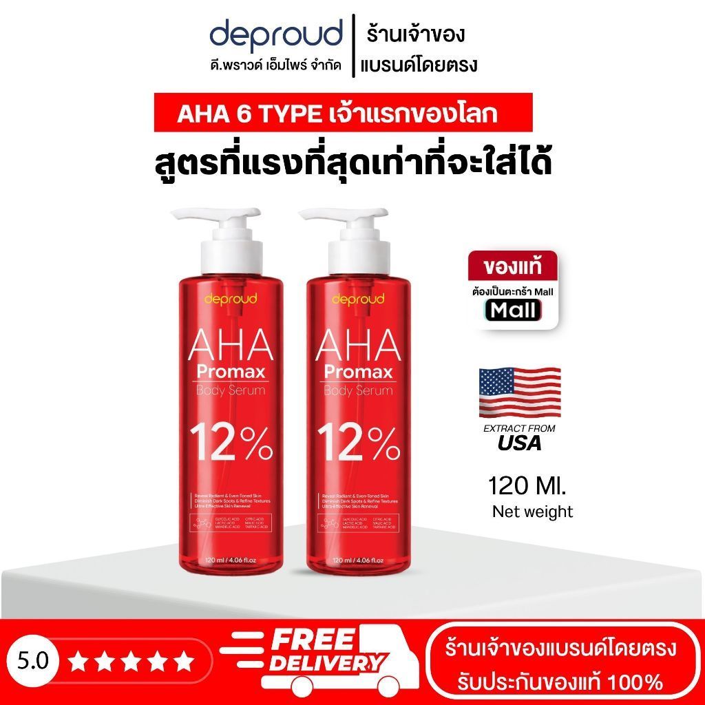 Deproud 12% เซรั่มกรดแดง , 2 ขวด ( 120 มล ) กรดโปรแม็ก AHA PROMAX.