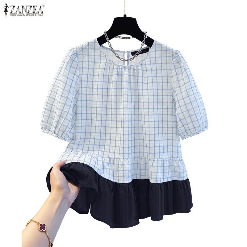 ZANZEA ผู้หญิงเกาหลีฝรั่งเศสย้อนยุครอบคอพัฟแขนลายสก๊อต Patchwork สีบล็อก Ruffles Hem เสื้อเบลาส์ — صورة 6