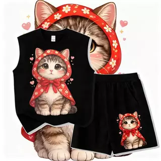 [COD]（ชุดเสื้อกั๊กและกางเกงสั้นเด็ก）เสื้อกล้ามครบรอบCAT style 2 ชิ้น แฟชั่น เซ็ตชุดเด็ก เสื้อ+กางเกง ชุดสองชิ้น+New เสื้