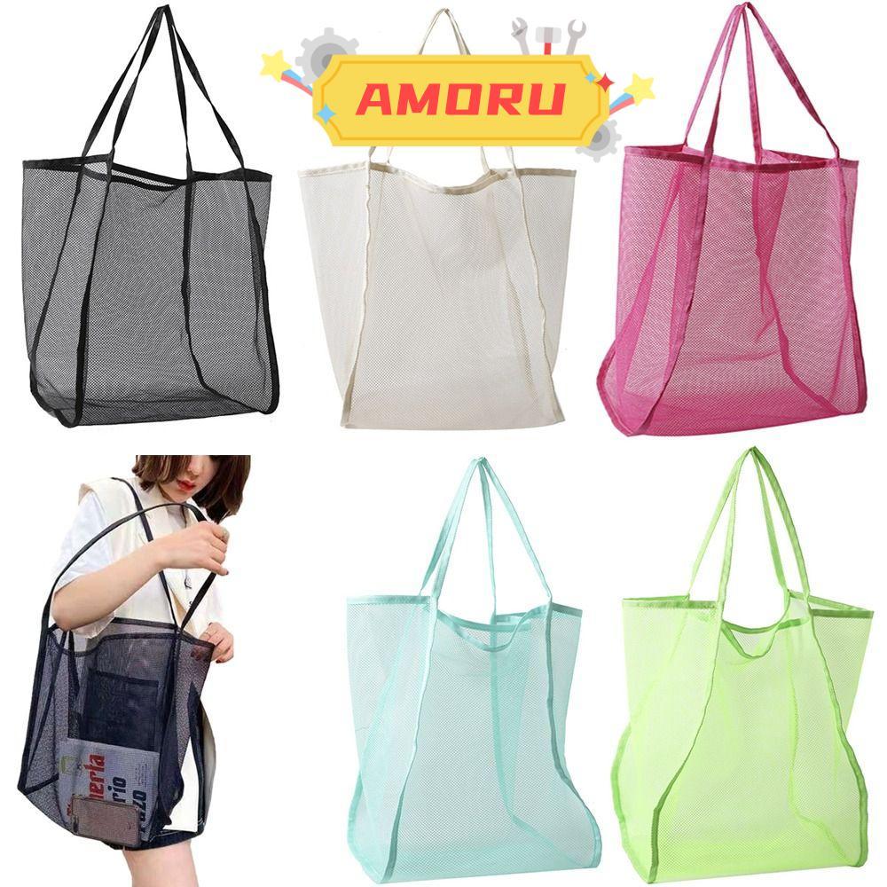 AMOR12U7 กระเป๋าสะพายตาข่ายแบบพกพาโปร่งใสแฟชั่นReusable Mesh Tote Bag