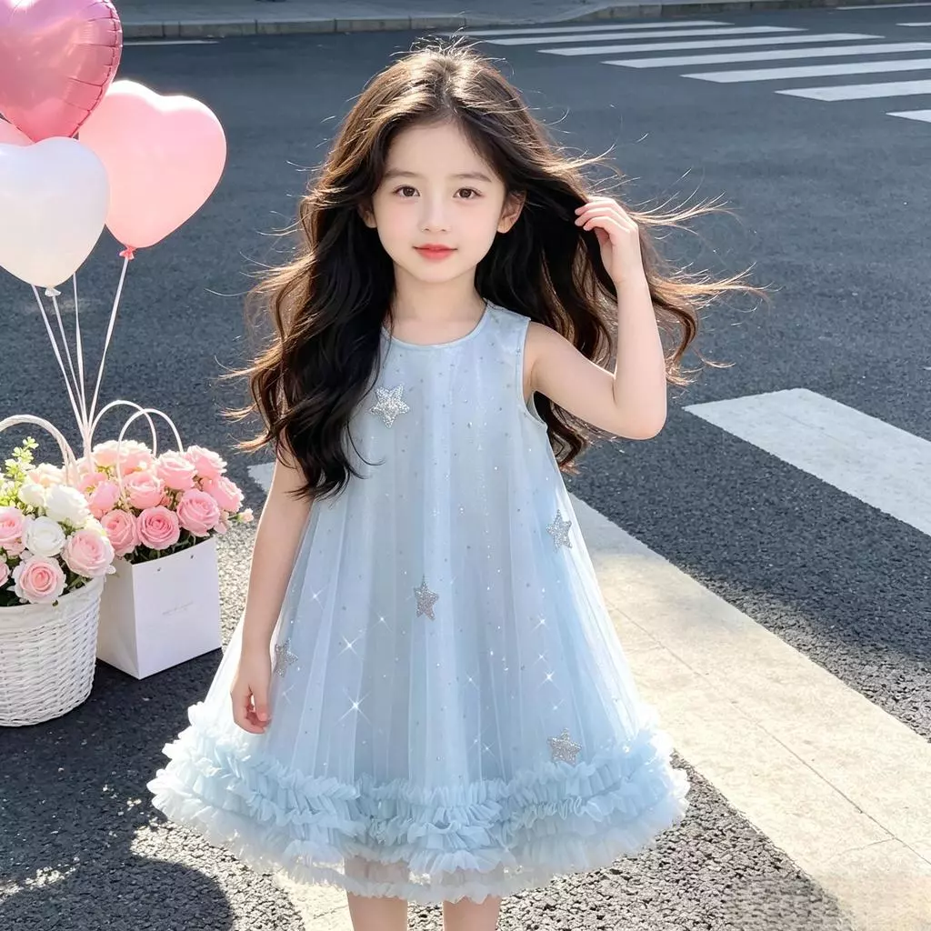 ชุดเดรสแขนกุดเด็กผู้หญิง รุ่นใหม่ปี 2026 สีฟ้าแฟนตาซี มีกลิตเตอร์ กระโปรงบานฟู สไตล์เจ้าหญิง สวยหรูสำหรับฤดูร้อน