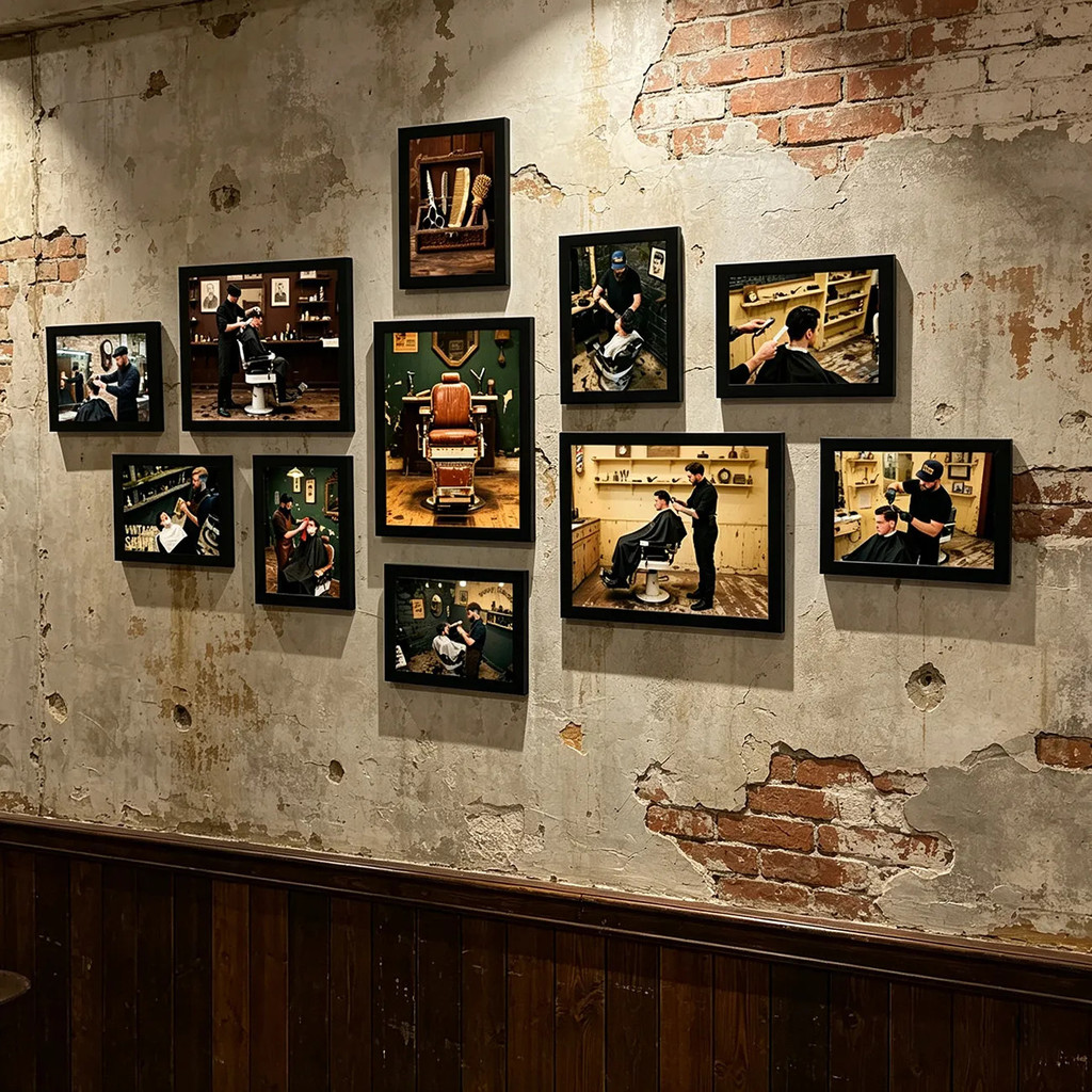โปสเตอร์และกรอบรูปธีมร้านตัดผมสไตล์วินเทจ สร้างผนังรูปภาพย้อนยุค ตกแต่งผนังสำหรับร้านทำผมและซาลอนความงาม