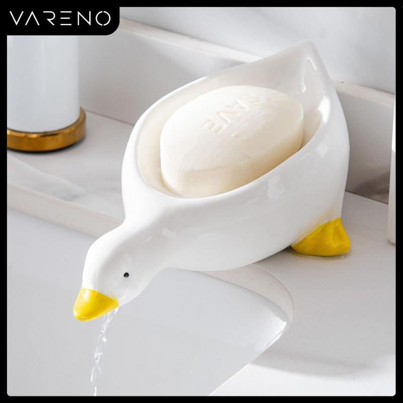Vareno กล่องสบู่รูปเป็ดสีเหลือง1ชิ้นจานใส่สบู่รูปการ์ตูนที่ระบายน้ำได้ที่ใส่สบู่ที่ใส่สบู่สำหรับถาดอุปกรณ์ในห้องน้ำ