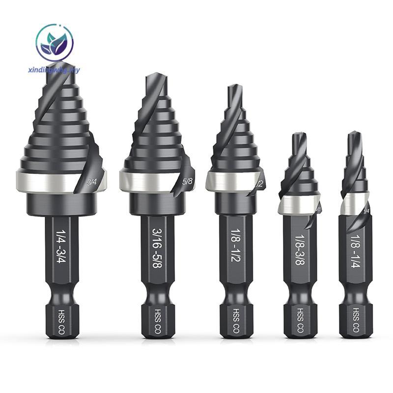 M35 Cobalt Spiral Flute Step Drill Bit Set, 5 ชิ้นเดี่ยวขนาด HSS Step Bits (1/8"-3/4") พร้อม 1/4" Sh