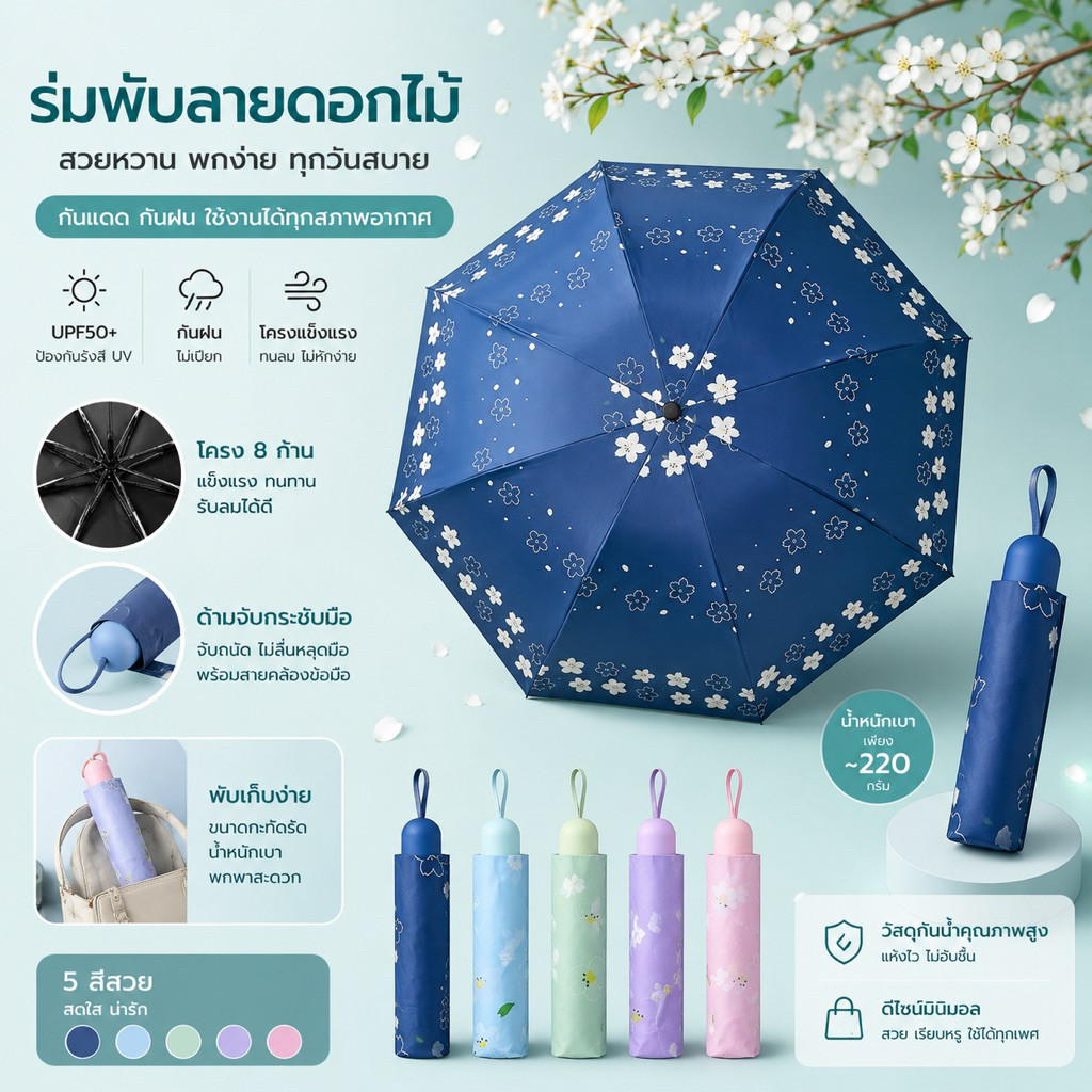 ร่มพับลายดอกซากุระ 8 ก้าน กันแดด กันฝน UV พับเก็บง่าย ขนาด 95 ซม.